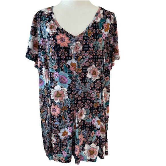 Roz & Ali Swing Tunic Top Womens 2X Colorful Floral V Neck Stretch Whimsical - Picture 1 of 11